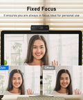1080P HD Webcam With Built In Dual Mics And Noise Canceling Privacy Cover, 75 Degree FoV, Plug And Play USB Web Camera For PCs Laptops Desktops Macs Offering Crisp Video And Hassle Free Setup showing a fixed focus feature.