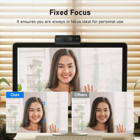 1080P HD Webcam With Built In Dual Mics And Noise Canceling Privacy Cover, 75 Degree FoV, Plug And Play USB Web Camera For PCs Laptops Desktops Macs Offering Crisp Video And Hassle Free Setup showing a fixed focus feature.
