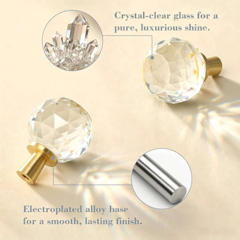 Crystal Glass Cabinet Knobs Set Of 6 With Screws, Faceted Clear Crystal Pulls On Gold Copper Base, shining crystal and base detail