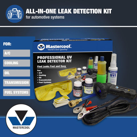 Mastercool Professional UV Leak Detector Kit front view with blue box, yellow goggles, dye bottles, UV light and hoses.