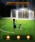 Solar Powered Motion Sensor Outdoor Light With 1600 Lumen White Flood Beams IP65 Waterproof Three Adjustable Heads illuminating yard