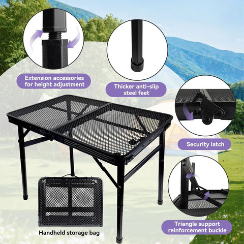 Foldable Camping Table With Adjustable Height, Portable Metal Picnic Table for Outdoor Grilling with detailed features view
