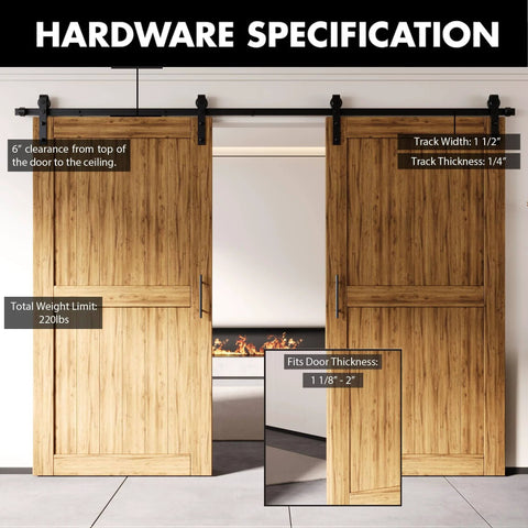 Black Rustic Non Bypass Sliding Barn Door Hardware Kit For Two Doors 9ft Flat Track With Classic Roller System Heavy Duty Carbon Steel