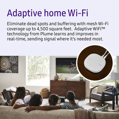 People sitting in a living room with a focus on All-In-One SmartThings WiFi Mesh Router And Hub For Whole Home Coverage With Zigbee And Z-Wave