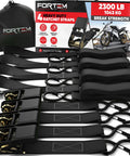 Heavy Duty Ratchet Strap Set 2300 Lb Break Strength 4 Pack showing ratchets, loops, and carry bag for trucks