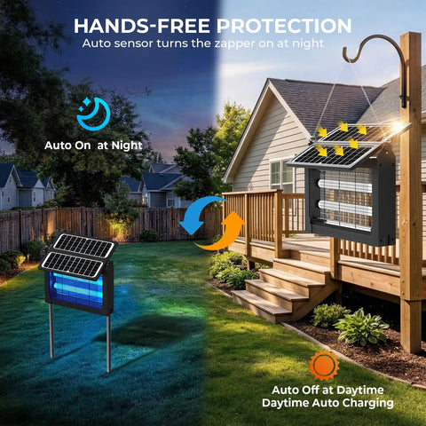 Upgraded Solar Bug Zapper Outdoor With Dual Foldable Panels 4500V Cordless Rechargeable Waterproof Mosquito Killer in garden