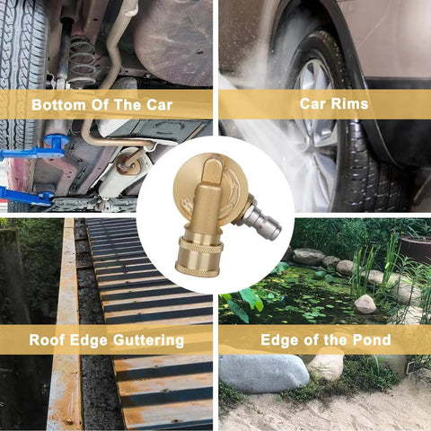 Pivoting Pressure Washer Adapter Kit With 240 Degree Rotation Gutter Cleaner Attachment Seven Nozzle Tips With Holder Quarter Inch Quick Connect Up To 4500 PSI Perfect For Car Washin And Reaching Tight Gutter Nooks in use on car rims and roof guttering.