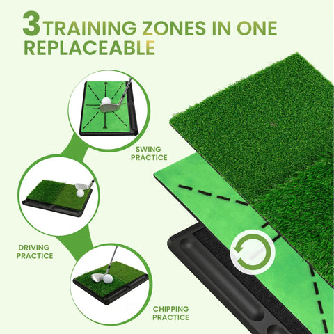 Diagram of Game Changer Golf Hitting Mat With Curved Ball Tray 3 In 1 Practice Mat showing replaceable training zones for golf practice.