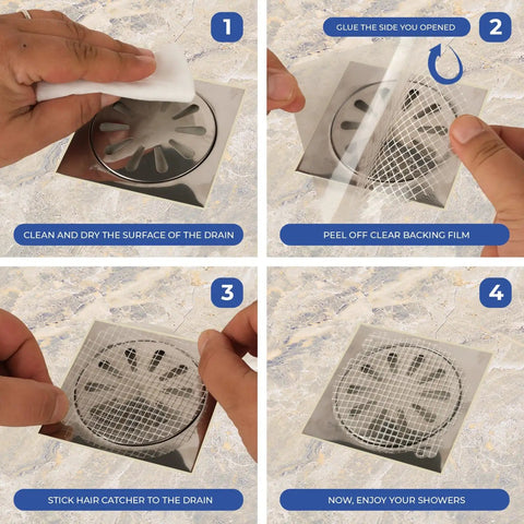 Instructions for applying 35 Pack Disposable Hair Catcher Mesh Strips For Shower Bathtub Sink Drain Stops Clogs Dead In Its Tracks.