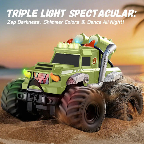 3 In 1 Amphibious RC Car Boat Water Gun With 2.4GHz Remote on beach, waterproof all-terrain monster truck style, green color