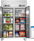 Top Shelf Commercial Fridge And Freezer Combo With Wifi Smart Control Dual Zone 36 Cu Ft Upright Stainless Steel Cooler displaying fresh food and seafood.
