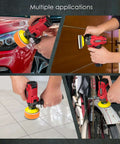 Battery Powered 12V Mini Car Buffer Polisher Beast Pro Grade Kit used on car, furniture, tile, and bicycle surfaces.