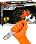 Nitroshield orange 9 mil nitrile disposable gloves, XL, 80-count; industrial/mechanic use, box visible