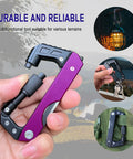 Hand holding a Six In One EDC Multitool Carabiner Knife with replaceable blade and integrated tools, shown in outdoor settings.