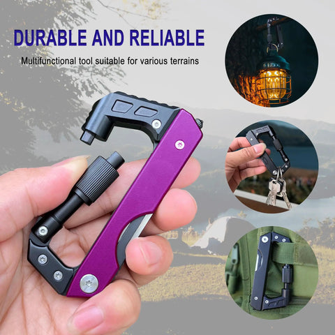 Hand holding a Six In One EDC Multitool Carabiner Knife with replaceable blade and integrated tools, shown in outdoor settings.