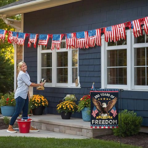 Patriotic Eagle Garden Flag For Outside Celebrating 250 Years Of Freedom 1776 To 2026 displayed near blue house with woman watering plants