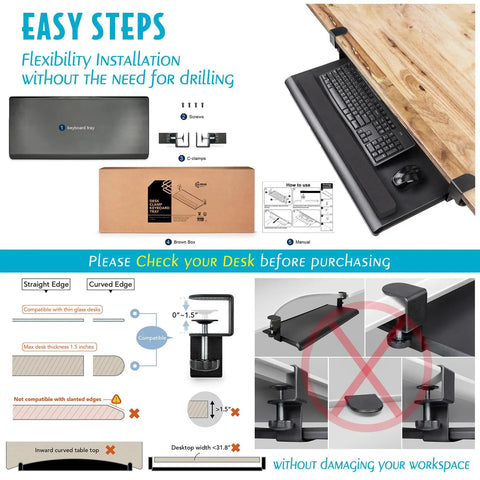 Installation steps and desk compatibility for Big Ergonomic C Clamp Keyboard Tray With Slide Out Platform Under Desk And No Tool Setup