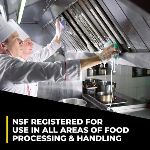 Chefs cleaning kitchen with Pro Grade Food Service Cleaner And Degreaser For High Traffic Kitchens, NSF Registered A1 A2 A4 A8 B1 C1, 1 Gal.