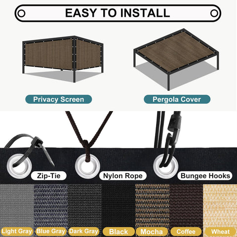 Installation guide of a custom 90 percent sun shade cloth with grommets, featuring different attachment methods and color options.
