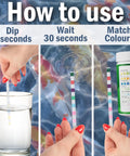How to use Super Slick 7-in-1 Pond Test Strips showing steps to dip, wait, and match colors.