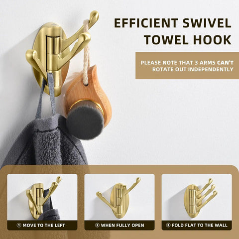 Three Arm Brushed Gold Folding Swivel Towel Hook Space Saving Metal Towel Holder For Bathroom Robe And Coat Also Perfect RV Organizer Screw Mount Smooth Fold Easy Install No Closet Needed.