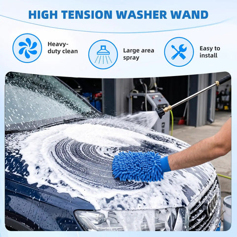 Beast Mode Power Washer Hose Attachment With 5 Quick Connect Nozzles being used in car washing with blue mitt.