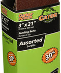 Gator 5 Pack 3 Inch By 21 Inch Aluminum Oxide Sanding Belts Assorted for heavy duty sanding and grinding in packaging.