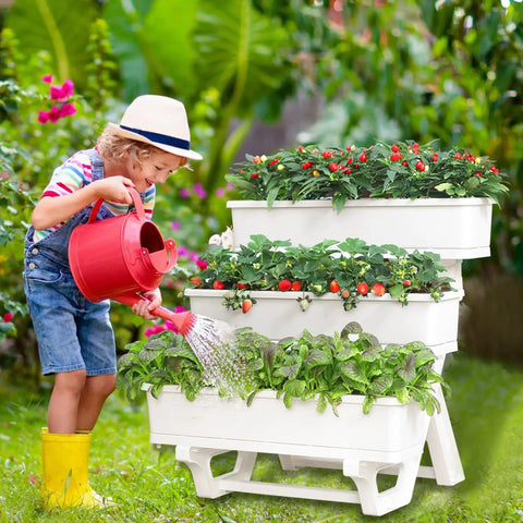 Child watering Two In One Three Tier Vertical Garden Planter Stand With Tray For Indoor And Outdoor Use No Fuss Freestanding Raised Planter