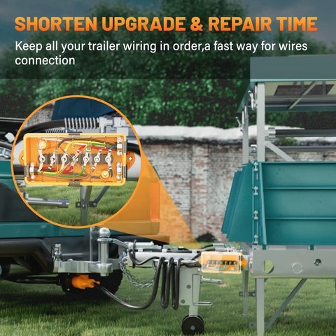 Close-up of 7 Way Trailer Wire Junction Box with Clear Color Coded Cover and 7 Pin Terminal Studs installed on trailer