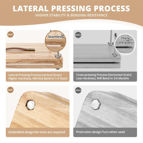 Diagram of wooden book press showing lateral pressing process with seamless joints and embedded design