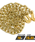 Beefed Up Heavy Duty Chain Binder Kit With Three Eighths Inch By Ten Foot Chains Includes Two Binders And Two Chains For Industrial Farm Towing And Logging Use Grade 70 ABS 26400 Lbs Breaking Strength WLL 6600 Lbs Yellow Galvanized showing yellow chain with hooks, 10ft length, 15.32 lbs weight