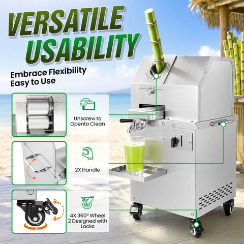 Commercial Sugar Cane Juicer Machine With Stainless Steel Juice Press And 110V Power Source, features removable handles and wheels for mobility.