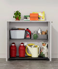 Indoor Outdoor Plastic Storage Cabinet With One Shelf 34 X 15 X 34 Inches White Weather Resistant UV Protected. Two red containers on bottom shelf, assorted items on top shelf.