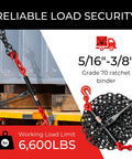 Heavy Duty Five Sixteenths To Three Eighths Ratchet Chain Binder And Twenty Foot G70 Load Chains Set with red hooks 