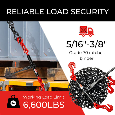 Heavy Duty Five Sixteenths To Three Eighths Ratchet Chain Binder And Twenty Foot G70 Load Chains Set with red hooks 