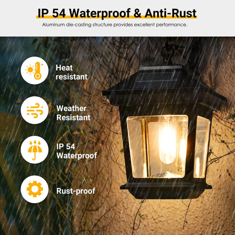 Easy Install Outdoor Solar Wall Lanterns Set Of 2 for Porch and Garden, waterproof LED sconce lit up with raindrops on glass panels.