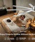 UOJ 84 inch large aluminum ceiling fan with or without lights in a cozy bedroom setting with bedding and a sleeping cat.