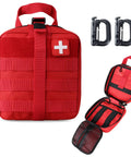 Front view of a red LIVANS 1000D first aid bag with MOLLE webbing and white cross patch; interior compartments visible.