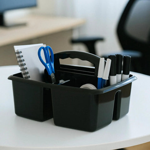 Three Compartment Cleaning Caddy for Home and Office, Multipurpose Supply Organizer With Ergonomic Handle, Lightweight Portable Black Six Pack for Sprays, Cloths, and Tools on table with stationery.