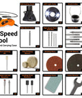 Product layout of High Powered 1.4 Amp Variable Speed Rotary Tool With Cutting Guide, LED Collar Light, and 100 Plus Accessories
