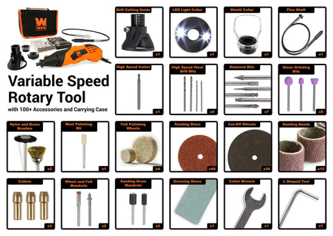 Product layout of High Powered 1.4 Amp Variable Speed Rotary Tool With Cutting Guide, LED Collar Light, and 100 Plus Accessories