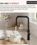 FORIOUS Kitchen Faucet with Pull Down Sprayer, Black High U-Spout pouring water into a white ceramic pot.