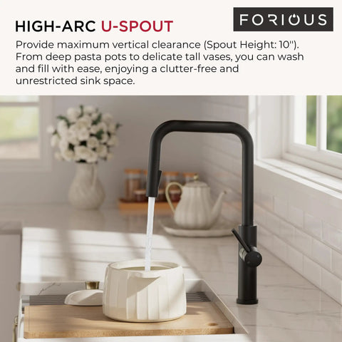 FORIOUS Kitchen Faucet with Pull Down Sprayer, Black High U-Spout pouring water into a white ceramic pot.