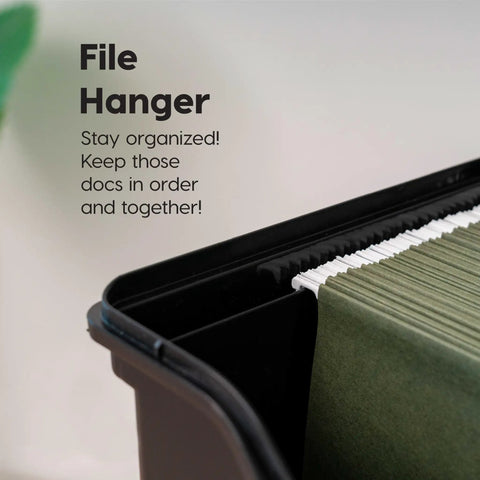 Close-up of lockable file box with lid for letter files, showing hanging file ledge with green folders, portable document organizer