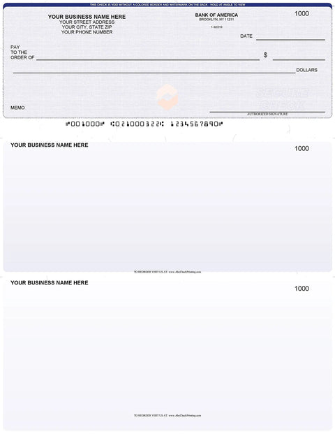 Top Shelf Business Voucher Checks With Check On Top Format Built For QuickBooks And Quicken Systems Featuring Blue Linen Grain With Security Marks And Custom Brand Logos For Nuts And Bolts Bill Tracking In A Ready Five Hundred Sheet Roll