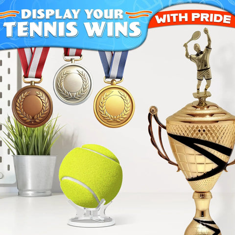 Tennis ball on Clear Baseball Holder Stand 1.96 Inch Acrylic Display Stand For Baseballs Softballs Golf Balls Tennis Balls And Small Collectible Balls Perfect Desk Shelf Decor, alongside trophies and medals displaying tennis achievements.