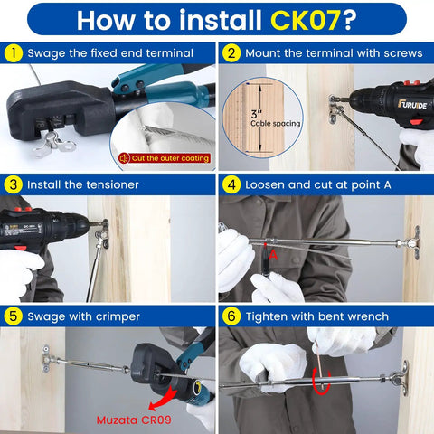 Installation steps for One Eighth Inch Cable Railing Hardware Kit With Swage Toggle Turnbuckles for wood posts CK07