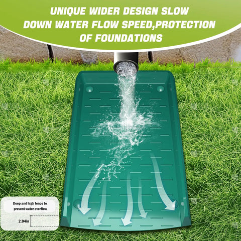 Image of 4 Pack No Sweat Rain Gutter Downspout Extensions Featuring Extra Wide One Piece Splash Block Design, 12 inches, green, directing water flow.