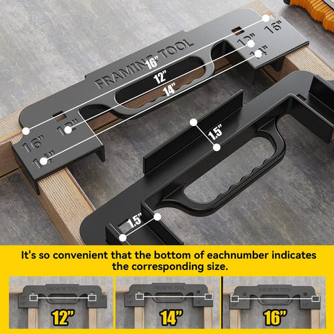 Heavy Duty 3 In 1 Multi Angle Framer With 16 Inch On Center Layout Gauge showing measurement markings on a framing tool