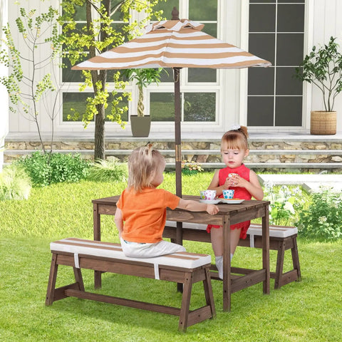 Outdoor Kids Picnic Table Set With Cushioned Benches And Umbrella, wooden table in coffee finish, kids playing outside